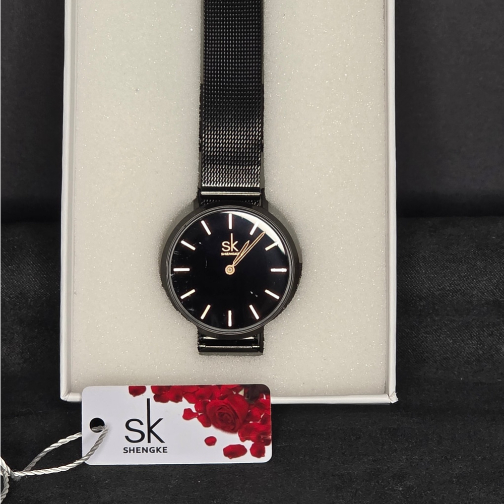 Shengke Mesh Band Wristwatch Women Black Minimalist Rose Gold Accents‎ Casual
